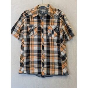 BKE Men's Size L Plaid‎ Short Sleeve Button Up Shirt Orange Black Grey